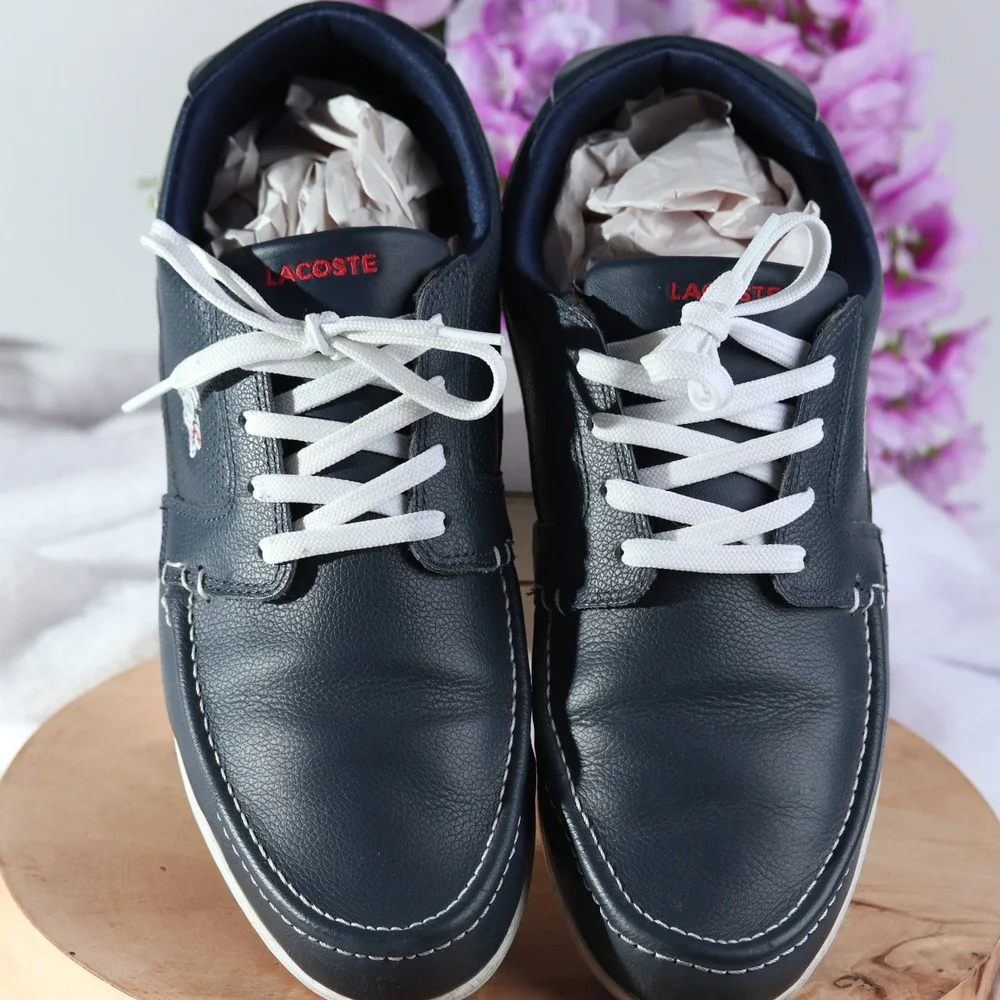 Lacoste Keellson Navy Blue Leather Boat Shoes Mens Nautical Sneakers